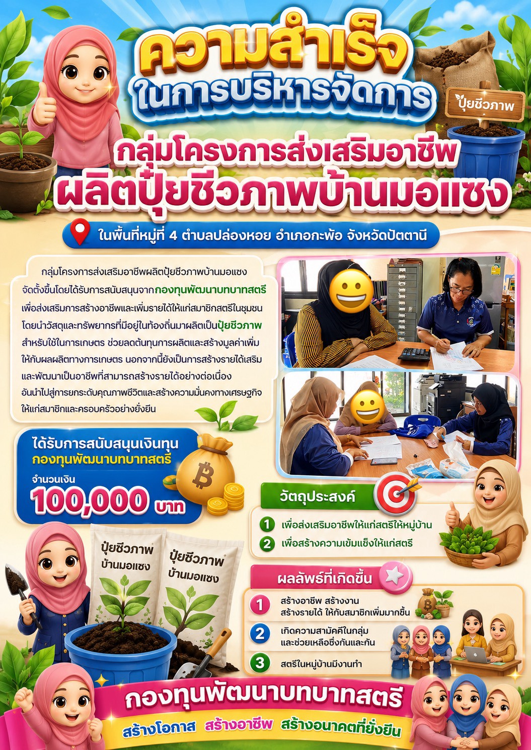📣สำนักงานพัฒนาชุมชนอำเภอกะพ้อ ลงติดตามความสำเร็จการดำเนินงานกองทุนพัฒนาบทบาทสตรี กลุ่มโครงการส่งเสริมอาชีพผลิตปุ๋ยชีวภาพบ้านมอแซง ในพื้นที่ตำบลปล่องหอย อำเภอกะพ้อ จังหวัดปัตตานี
